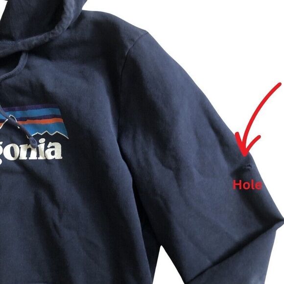 Patagonia P-6 Logo Uprisal Hoodie Sweatshirt Sz M Navy Blue Fitz Roy Thrashed - Picture 8 of 14